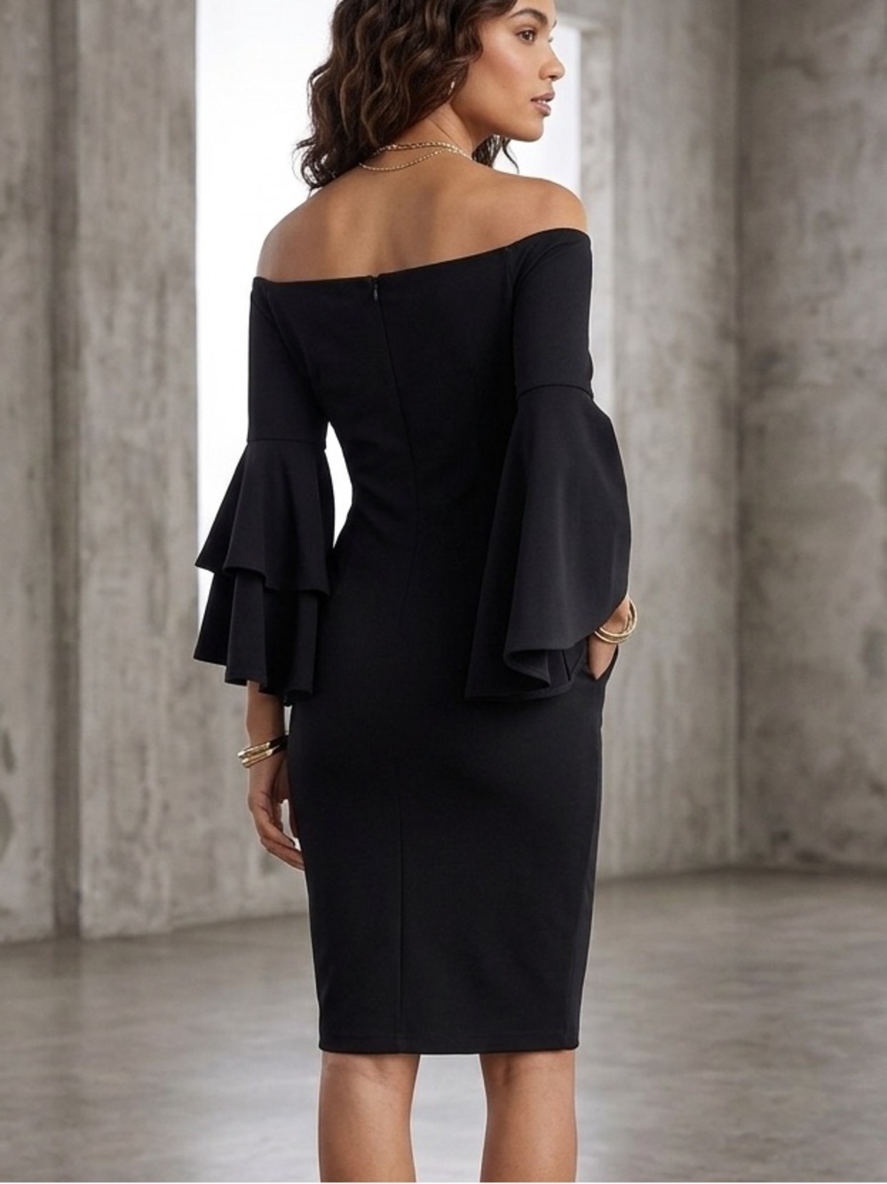 Calvin Klein Black One-Shoulder Bell Sleeve Dress